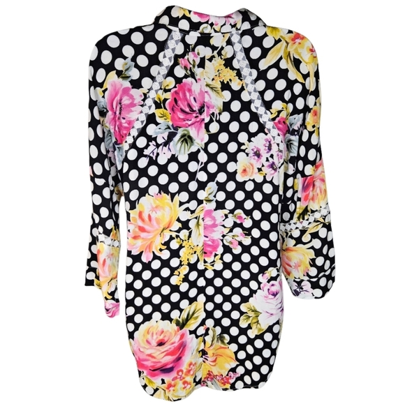 0029 Cirana Polka Dot Floral Lace Button Up Black White Pink Office Size Medium - Picture 5 of 14